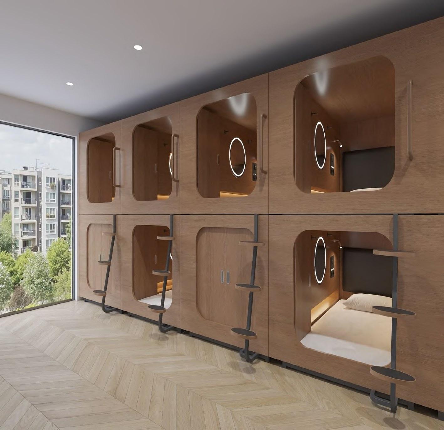 Concept of enclosed timber sleeping capsules with individual entrances