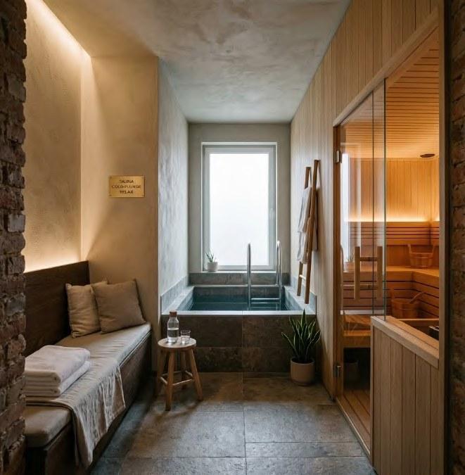 Concept of a calm wellness space with a sauna and plunge pool